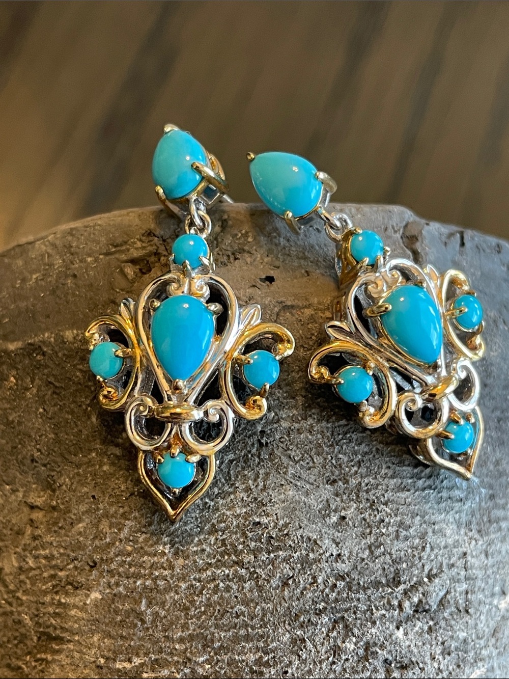 Sleeping beauty turquoise Drop Filigree Earrings Sterling Silver